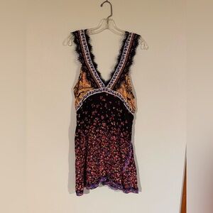 Free People Floral V-Neck Dress with Lace Trim